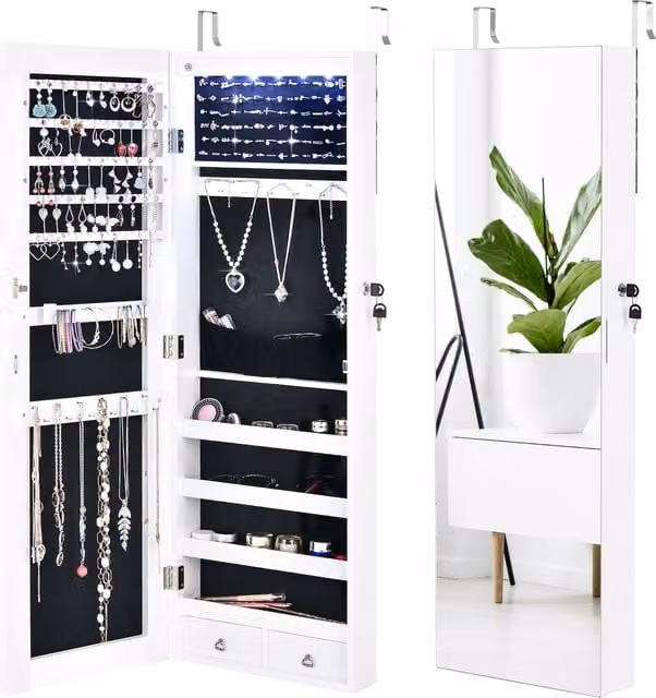 Costway White Modern Wall Mounted Jewellery Cabinet with Glass Doors, Internal Shelves, Drawers and Integrated LED Lighting