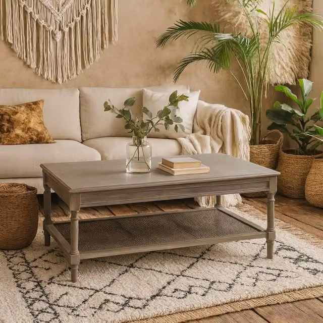 Wyld Haus Laurelbrook Rectangular Rattan and Wood Coffee Table in Grey