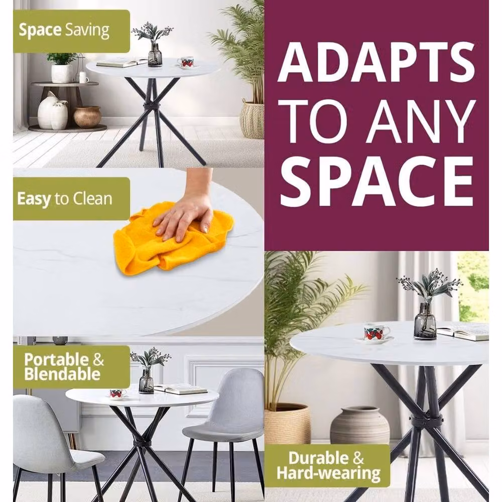 FORGEVIO Round Modern Dining Table with White Marble Effect Top and Black Metal Legs – 3