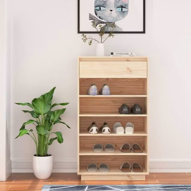 Berkfield Home Solid Wood Pine Shoe Cabinet in Brown, W/D/H: 60 x 34 x 105 cm