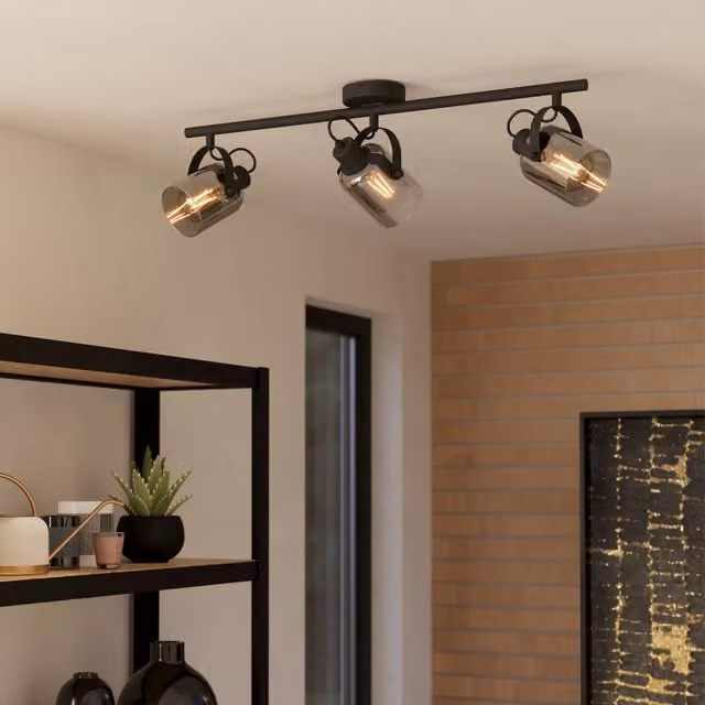 Eglo Berregas 3-Light Ceiling Spotlights in Black Metal with Transparent Glass