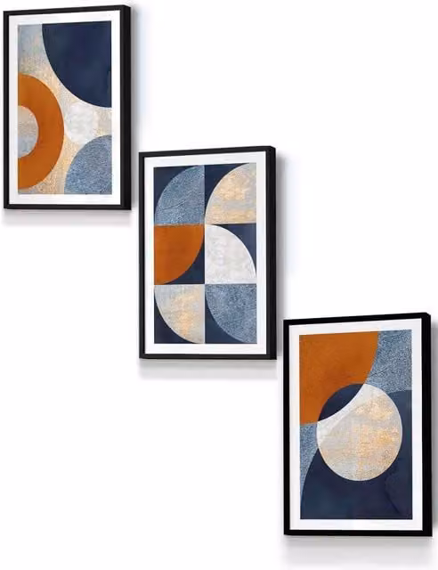 ARTZE Geometric Abstract Textured Circles Framed Wall Art in Navy Blue, Orange, Gold and Black, W: 33 cm, H: 45 cm, D: 2 cm