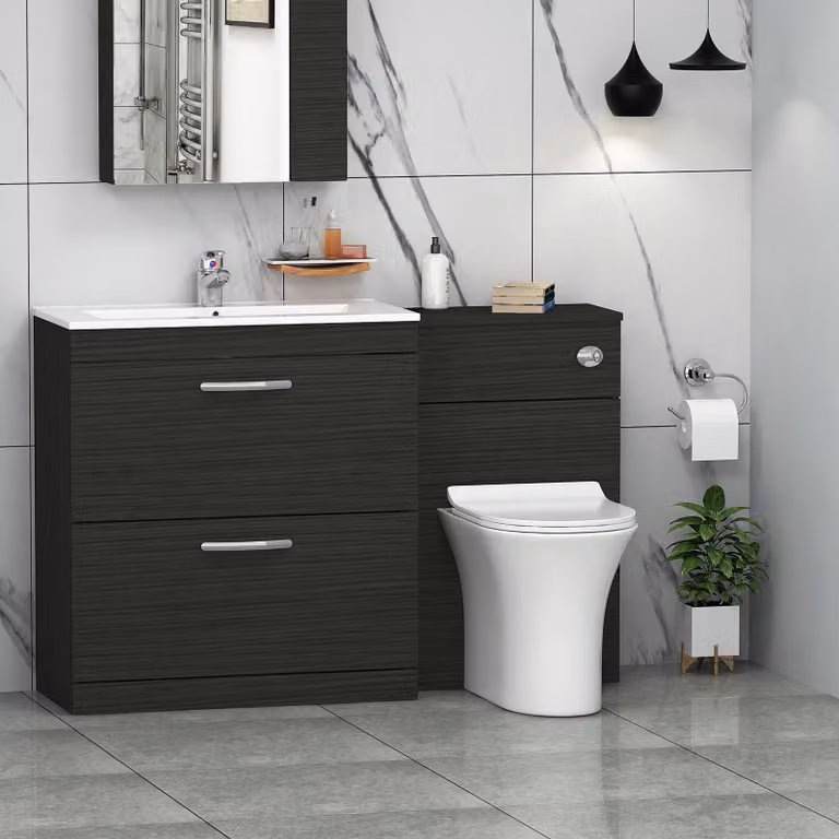 Royal Bathrooms Hale Black 2 Drawer Furniture Pack with Minimalist Basin and Slim Breeze Back to Wall Toilet, Width: 130 cm