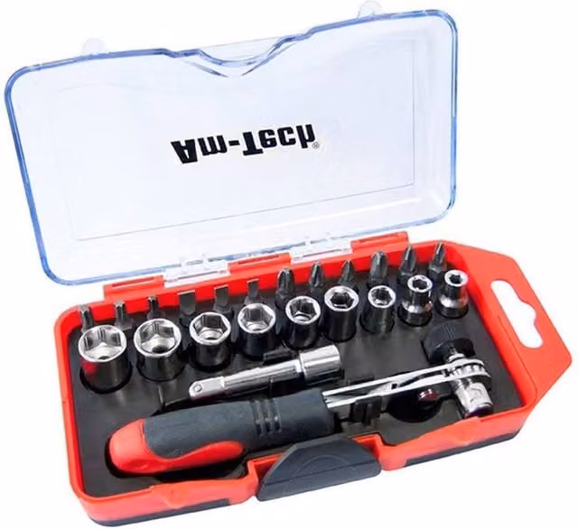 Amtech Offset Ratchet Handle Bit and Socket Set, 23-Piece, Red and Multicolour – 1