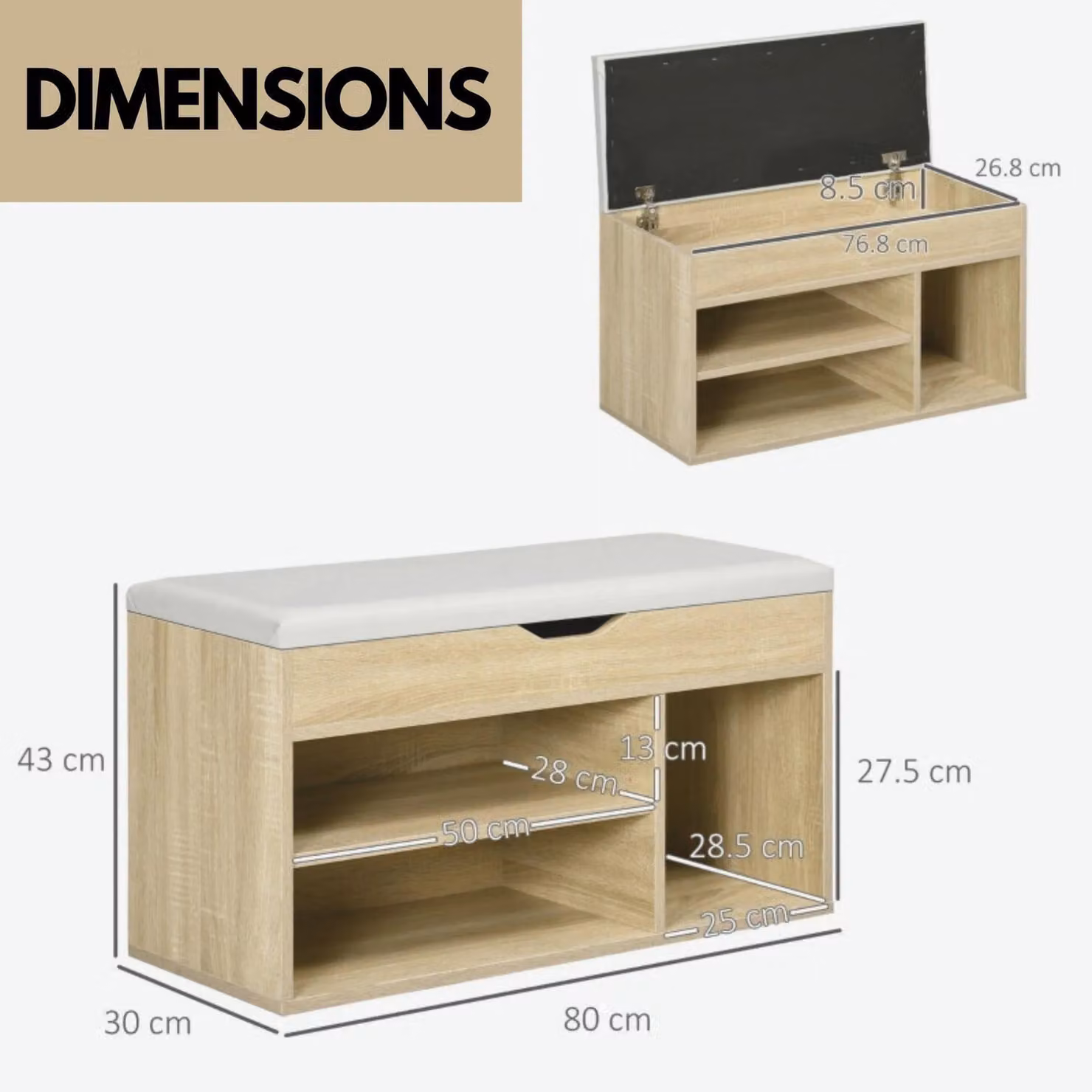 Pirlo Plush Industrial Shoe Storage Bench with Cushion Seat in Light Oak, W/D/H: 120 x 30 x 43 cm – 3