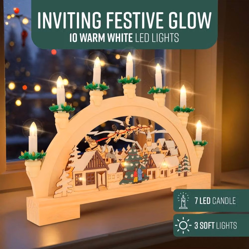 GloBrite Wooden Christmas Candle Bridge Arch with Santa Village Scene and 10 Warm White LED Taper Candles – 3