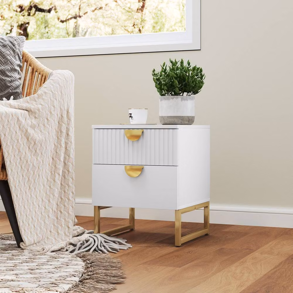 ERGOVEXA Elegant Two-Drawer Bedside Table in White and Gold, W/D/H: 40 x 50 x 40 cm – 2
