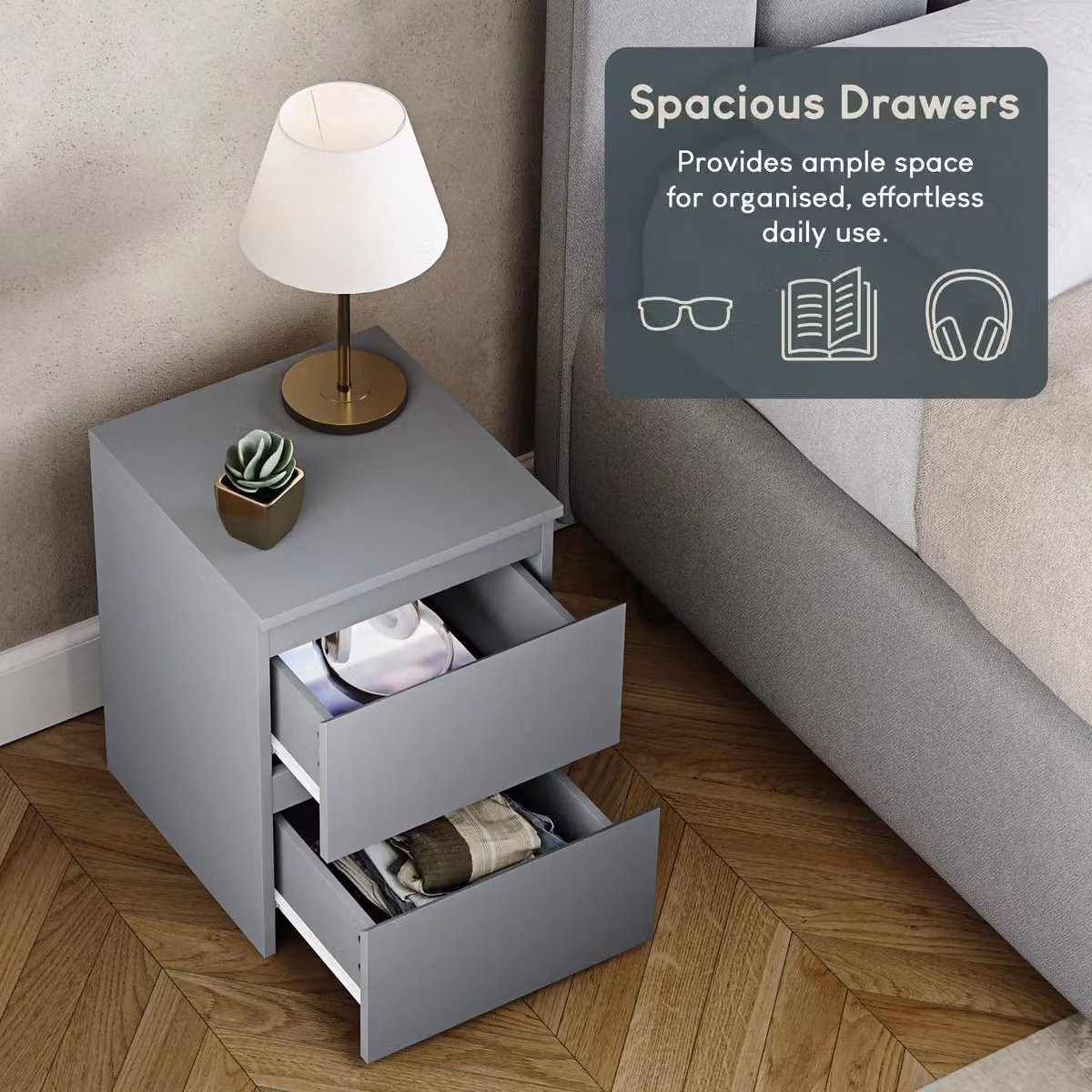 Vida Designs Denver 2 Drawer Bedside Cabinet in Grey – 5
