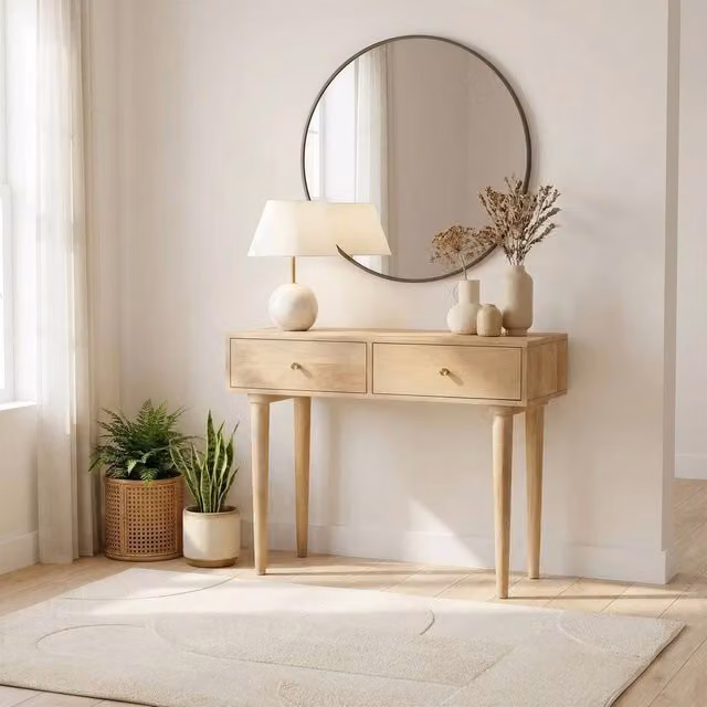 FurnitureboxUK Everest 2 Drawer Rectangle Console Table in Light Brown Oak and Mango Wood – 1
