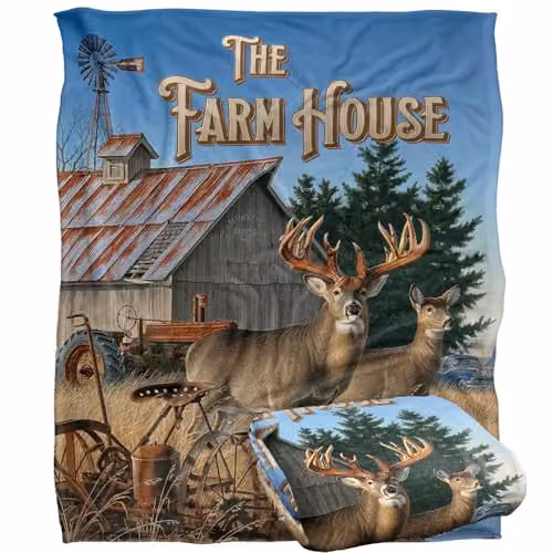 JQ Licensing Farm House Deer Super Soft Fleece Throw Blanket, White, W/D: 152 x 127 cm