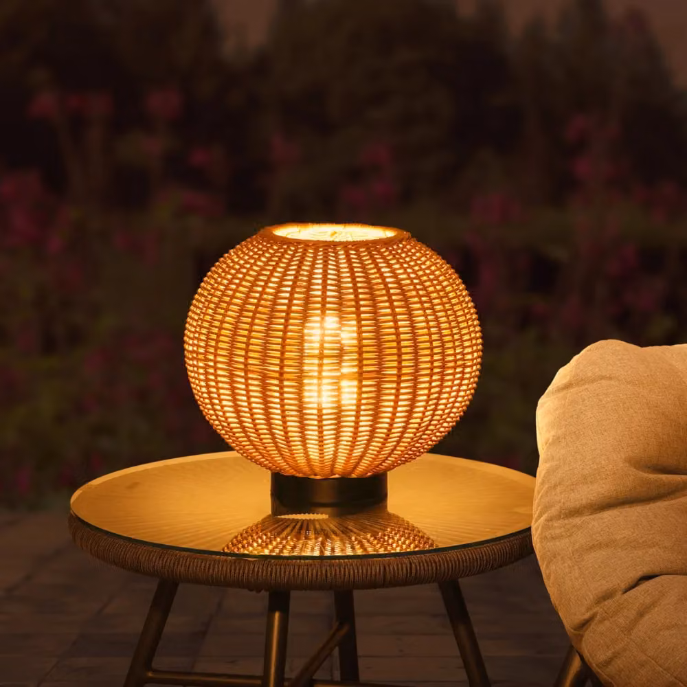 Orta Rechargeable Rattan Table Lamp in Brown with Dimmable LED and Remote Control