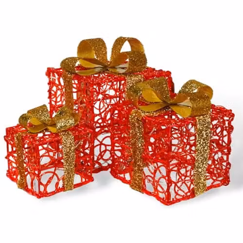 mysmartbuy Set of 3 LED Light Up Christmas Gift Boxes in Red and Gold with Timer, Battery Powered Indoor or Outdoor Festive Decorations, H: 28 x 25 x 23 cm – 1