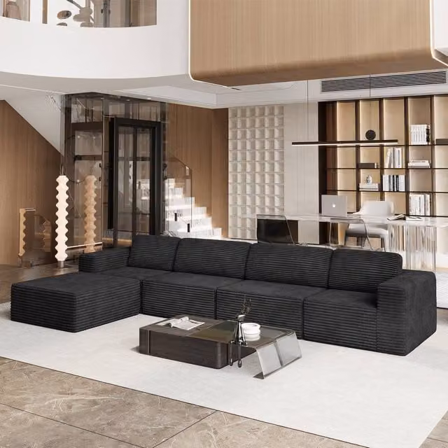 Dprodo Black Corduroy Modular L-Shape Sofa with Matching Ottoman and Removable Covers – 1