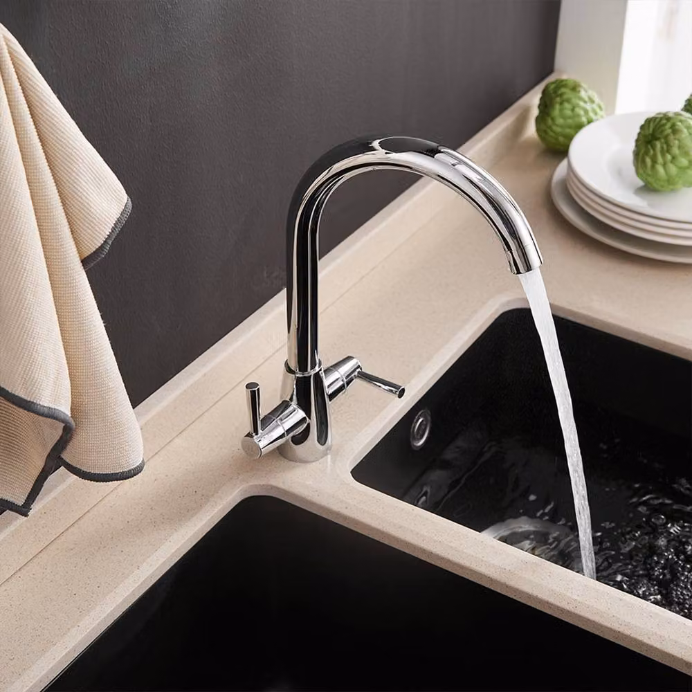 Heable Chrome Dual Lever Kitchen Mixer Tap with Swivel Spout in Silver – 5