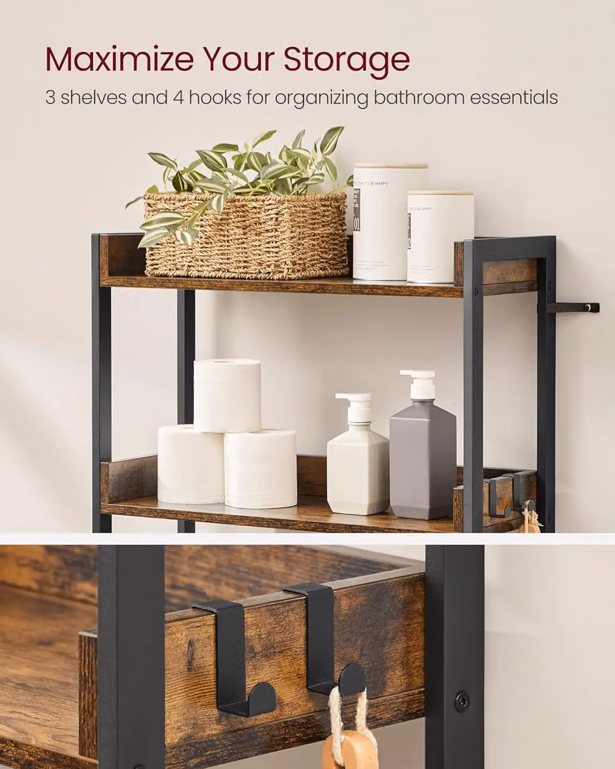 VASAGLE 3 Tier Over Toilet Storage Rack in Brown for Bathroom or Laundry – 3