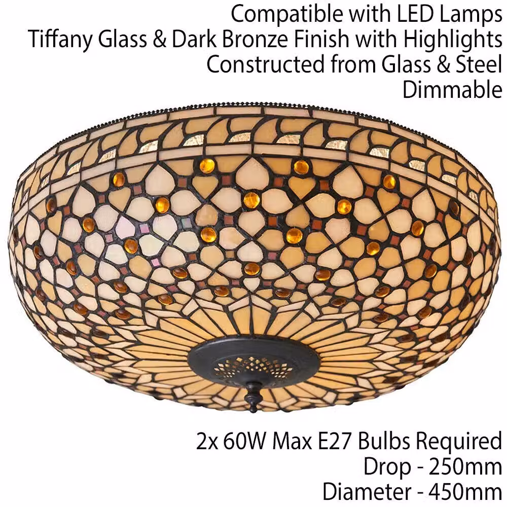 Loops Tiffany Glass Semi Flush Ceiling Light in Bronze and Multicolour Transparent Glass – 2