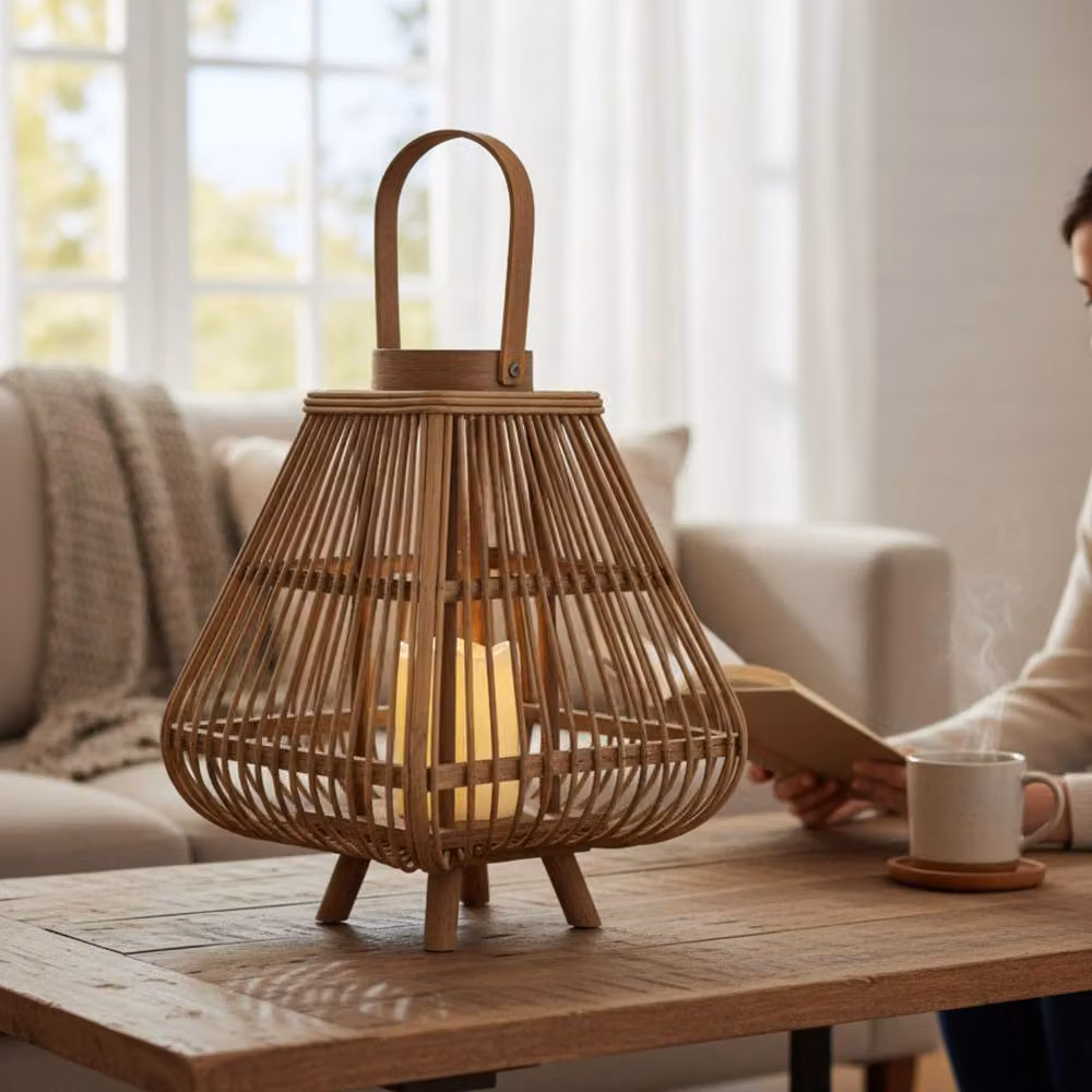 Four Candle Small Brown Bamboo Rattan Tabletop Lantern with LED Tealight, H 31.0 cm x W 25.0 cm x D 25.0 cm – 2