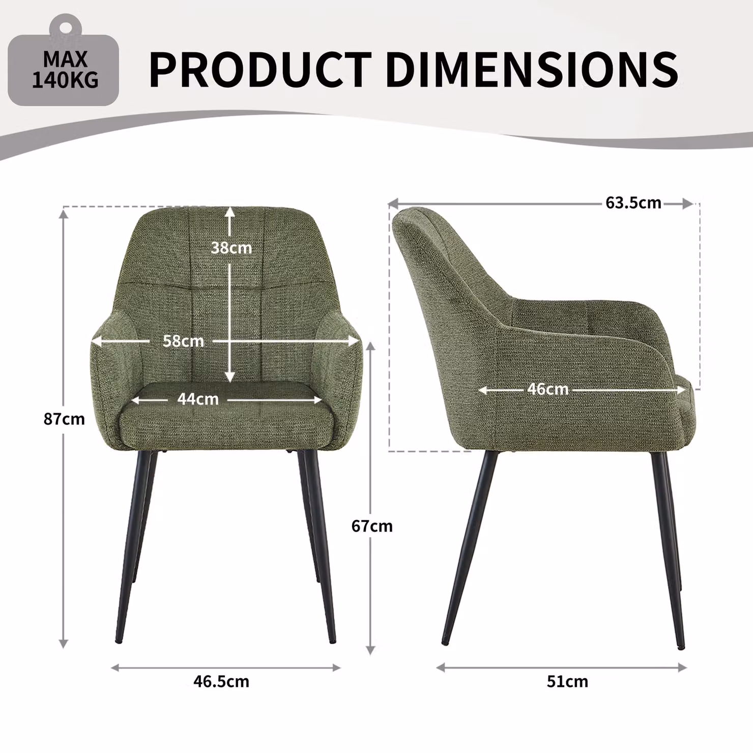 SONARA Modern Set of 2 Dining Chairs in Green Fabric with Metal Legs – 2