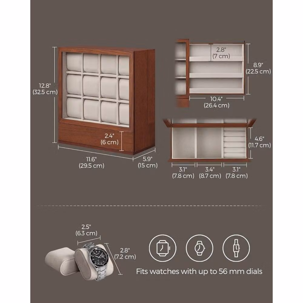 EONLION 12-Slot Solid Wood Watch Box in Brown, W/D/H: 32.5 x 29.5 x 15.0 cm – 2