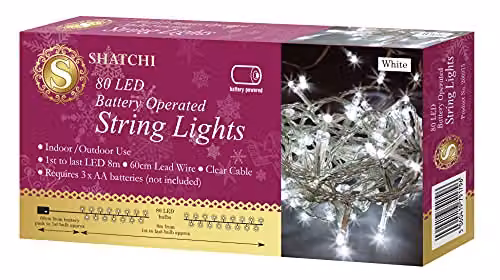 SHATCHI 80 Cool White LED Fairy String Lights with Clear Cable, Battery Operated for Christmas, Weddings, Parties and Garden Decorations – 3