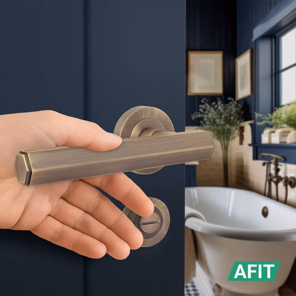 AFIT Antique Brass Bathroom Door Handle Set with WC Lock and Hinges in Bronze – 5