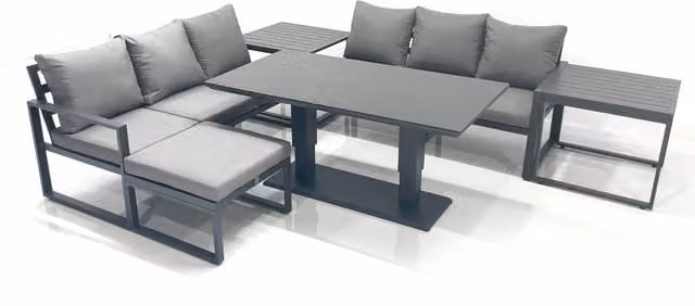 Fimous 7 Seater Aluminium Outdoor Garden Furniture Set in Dark Grey with Adjustable Rising Dining Table, 3 Seater Sofa, Big Footstool and 2 Side Tables