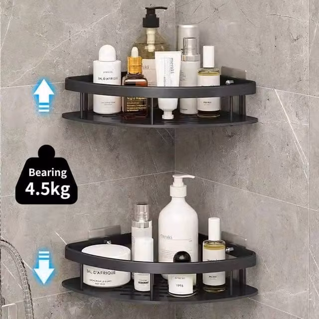 EONLION 2-Piece Black Corner Shower Rack and Bathroom Storage Organiser with Adhesive Mounting and Drainage Design – 1