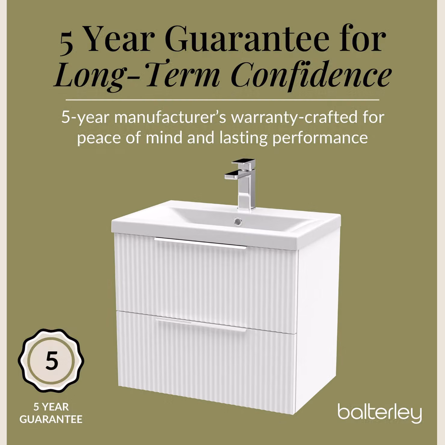 Balterley Fluted Wall Hung 2 Drawer Vanity Basin Unit and Basin, Satin White, Width: 60 cm – 3
