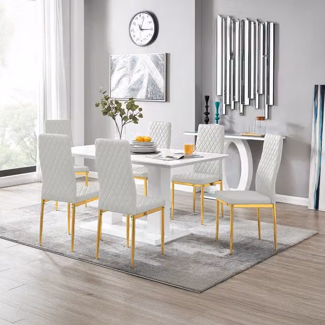 FurnitureboxUK Imperia White Dining Table and 6 Milan Gold Leg Chairs Set, White and Gold