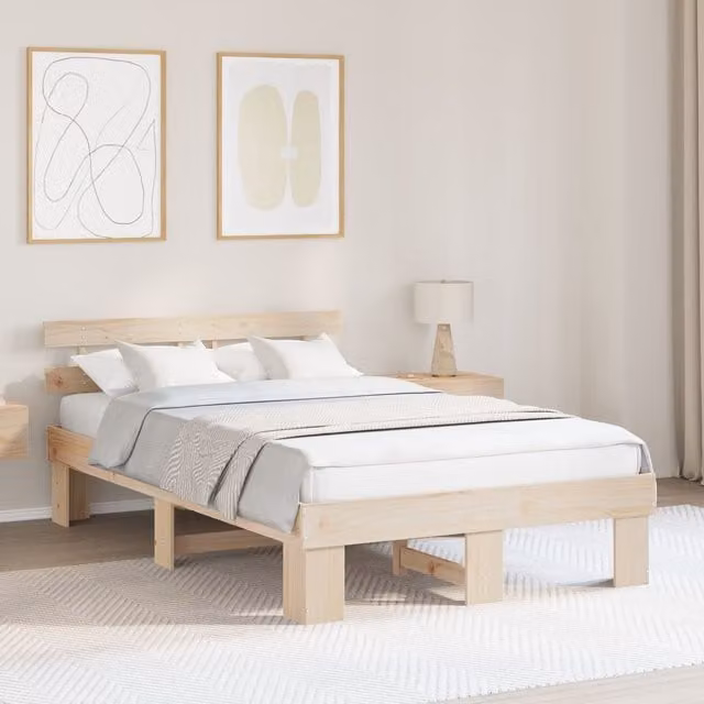 Berkfield Home Solid Wood Pine Bed Frame with Headboard, Beige, W: 140 cm, L: 190 cm