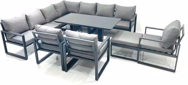 Fimous 11 Seater Outdoor Aluminium Garden Furniture Set in Dark Grey with Corner Sofa, Big Footstool, 3 Chairs and Adjustable Lifting Dining Table – 1