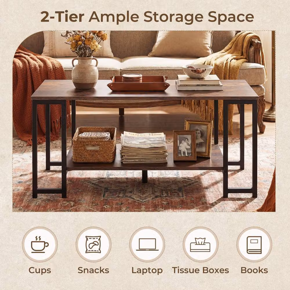 Costway 2-Tier Rectangular Coffee Table with Shelf in Brown – 4
