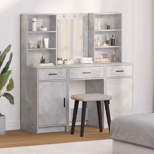 Berkfield Home 3 Piece Hollywood LED Dressing Table Set in Concrete Grey