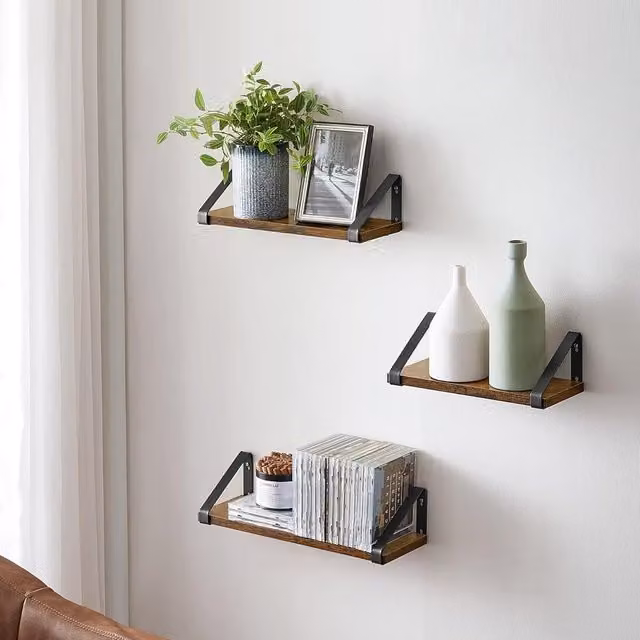 VASAGLE 3 Piece Brown Wall Mounted Floating Display Shelves and Organising Rack – 1