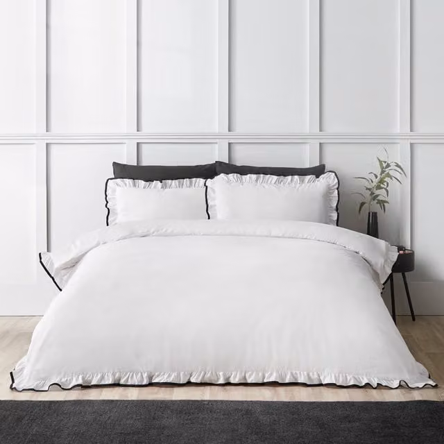 Catherine Lansfield So Soft Mono Frill Microfibre Duvet Cover and Pillowcase Set in White and Black