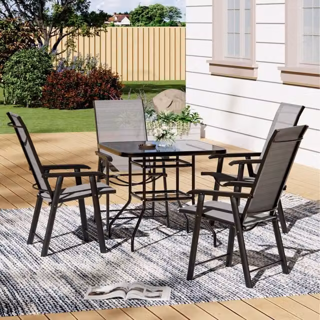 Livingandhome Modern Square Bistro Set with Glass Table and 4 Black Fabric Chairs