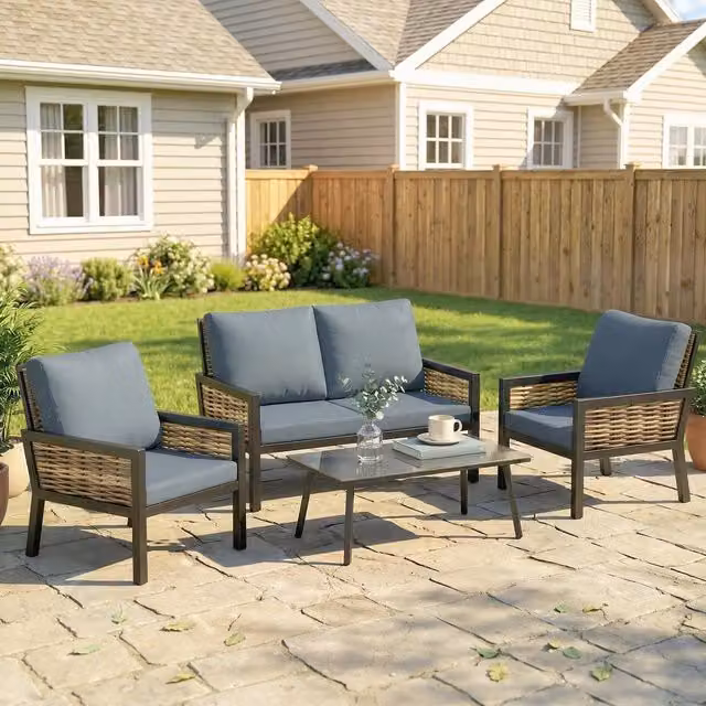 OUTSUNNY Grey Rattan and Metal Garden Furniture Conversation Set – 1