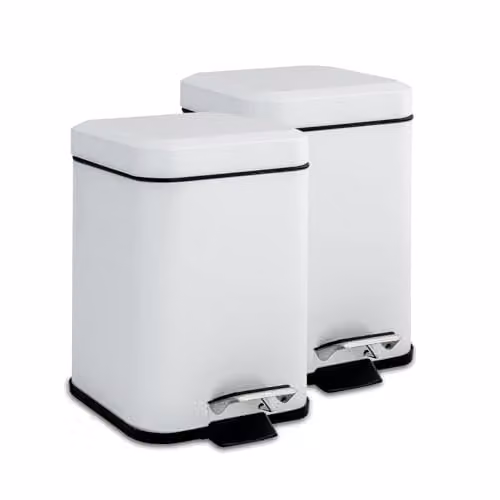 Harbour Housewares Pack of 2 White Stainless Steel Square Pedal Bins with Removable Inner Bucket, 3L