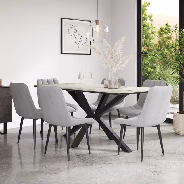 More4Homes Juno Calcutta Gold Ceramic Rectangular Dining Table and 6 Nova Grey Velvet Chairs, W/D/H: 180 x 90 x 75 cm