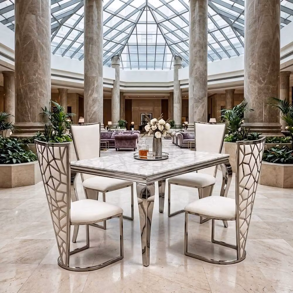 Home Luxe Interior Grey Marble Dining Table and 4 Vienna Cream Silver Chairs Set – 6
