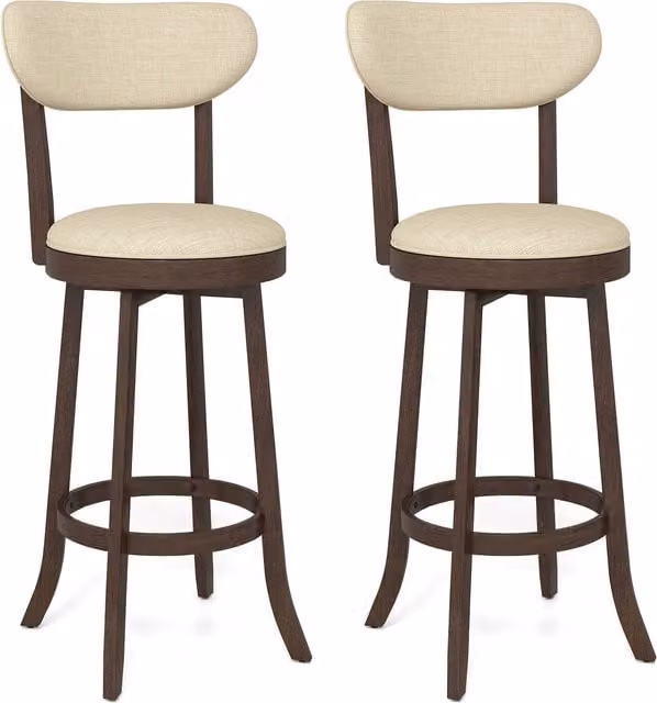 Costway Set of 2 Beige Swivel Counter Height Stools with Fabric Upholstery and Rubberwood Legs – 1