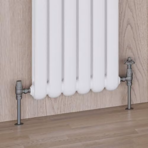 UK Radiators Signature Metal Head Thermostatic Radiator Valve and Lockshield Set, Angled, Natural Pewter and Polished Brass – 2