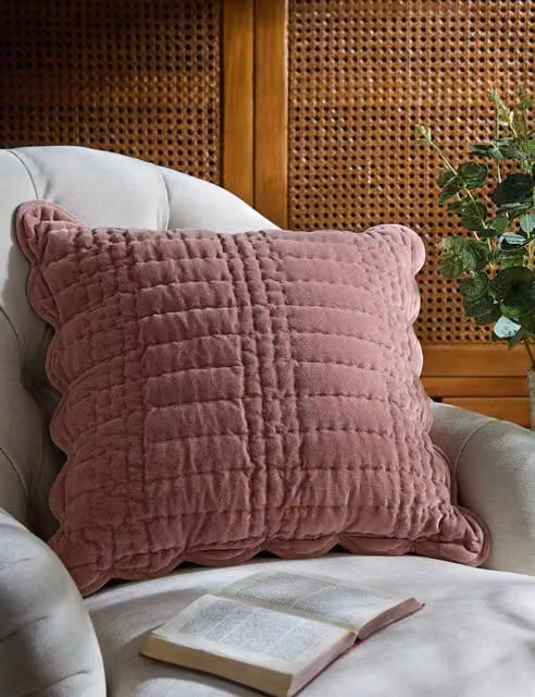 Laura Ashley Pink Velvet Scalloped Square Cushion