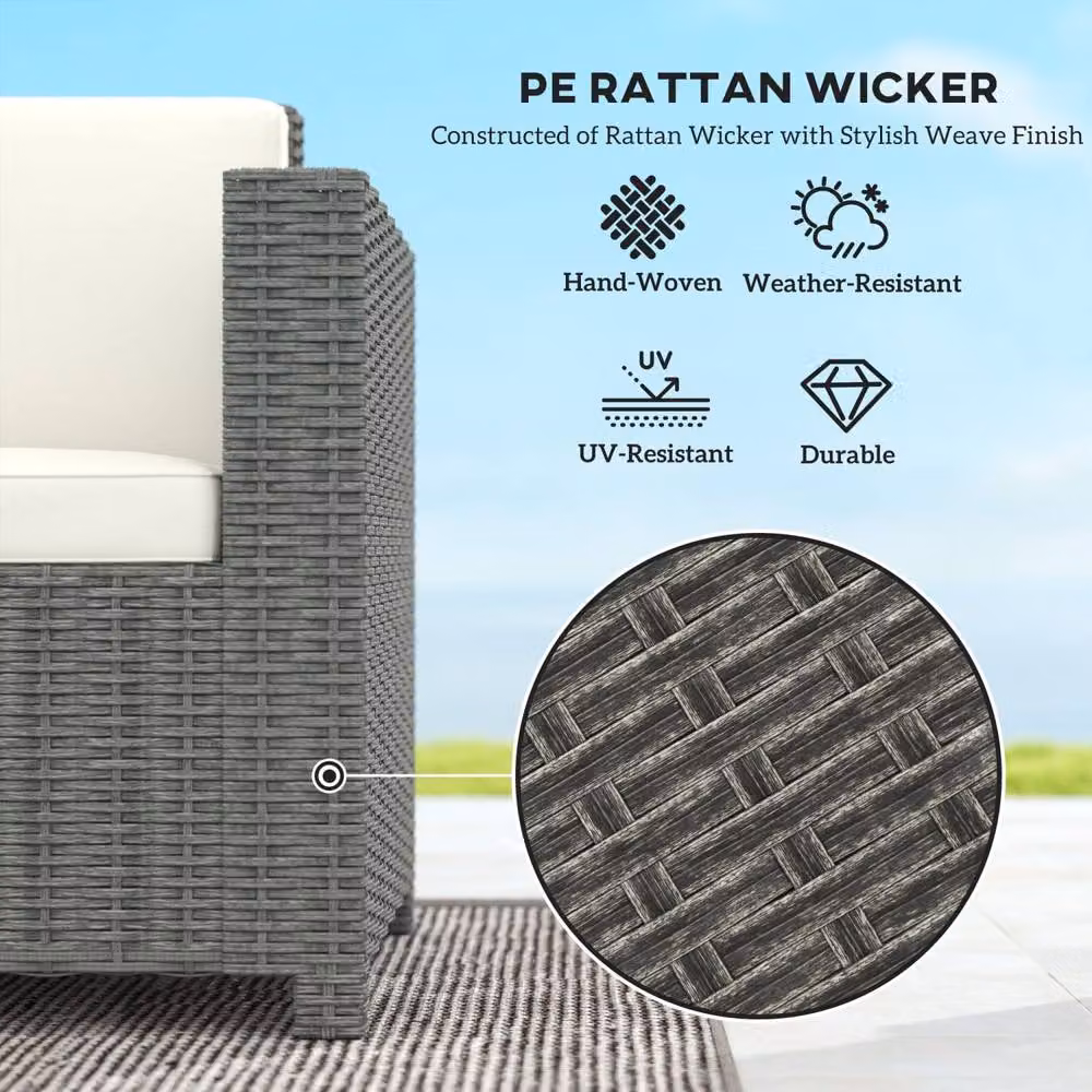 Wyld Haus Necolo 3 Seater Outdoor Rattan Sofa with Light Grey Metal Frame and Cream Cushions – 3