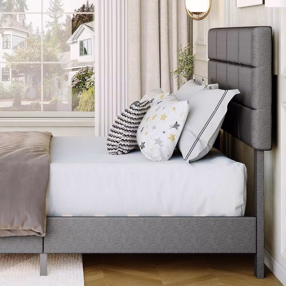 London Boutique King Size Upholstered Platform Bed Frame with Tufted Headboard in Grey, W/D/H: 180 x 200 cm – 3