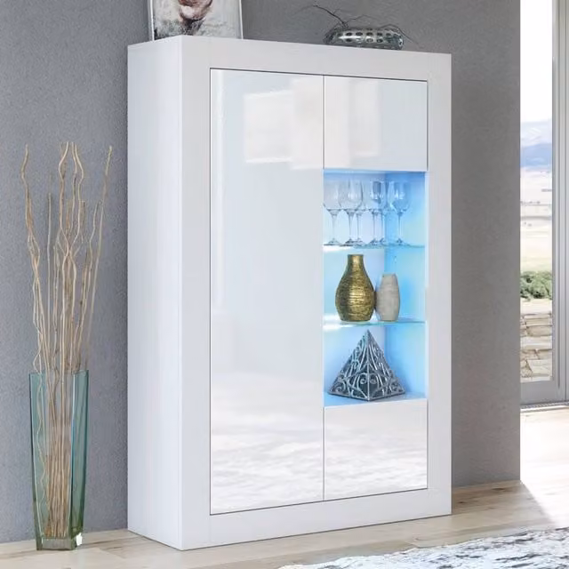 Mex Furniture LTD Arcadia Display Cabinet in White with Glossy Glass Doors and Integrated LED Lighting, W/D/H: 140 x 35 x 93 cm – 1