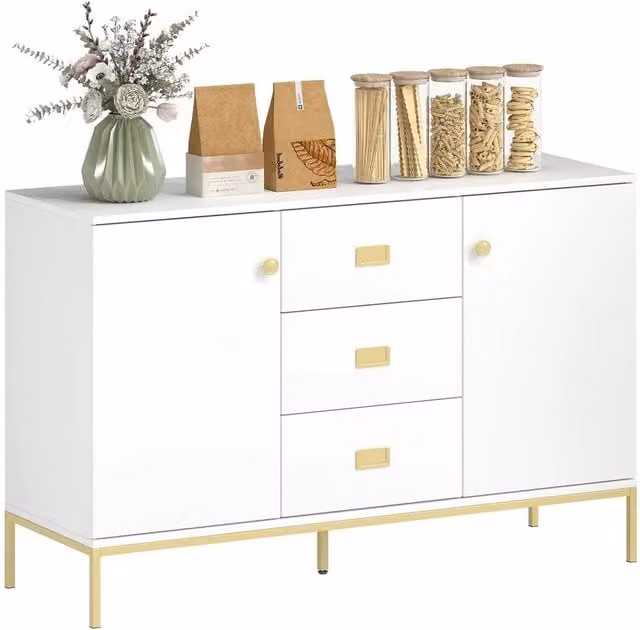 FORGEVIO White and Gold Modern Sideboard Storage Accent Cupboard