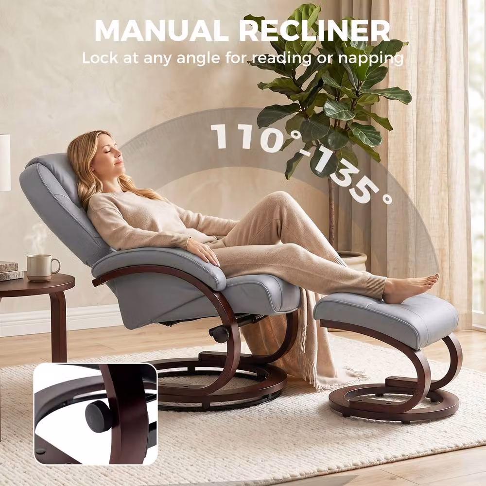 STILVORA Grey Swivel Recliner Armchair with Ottoman and Solid Wood Frame – 5