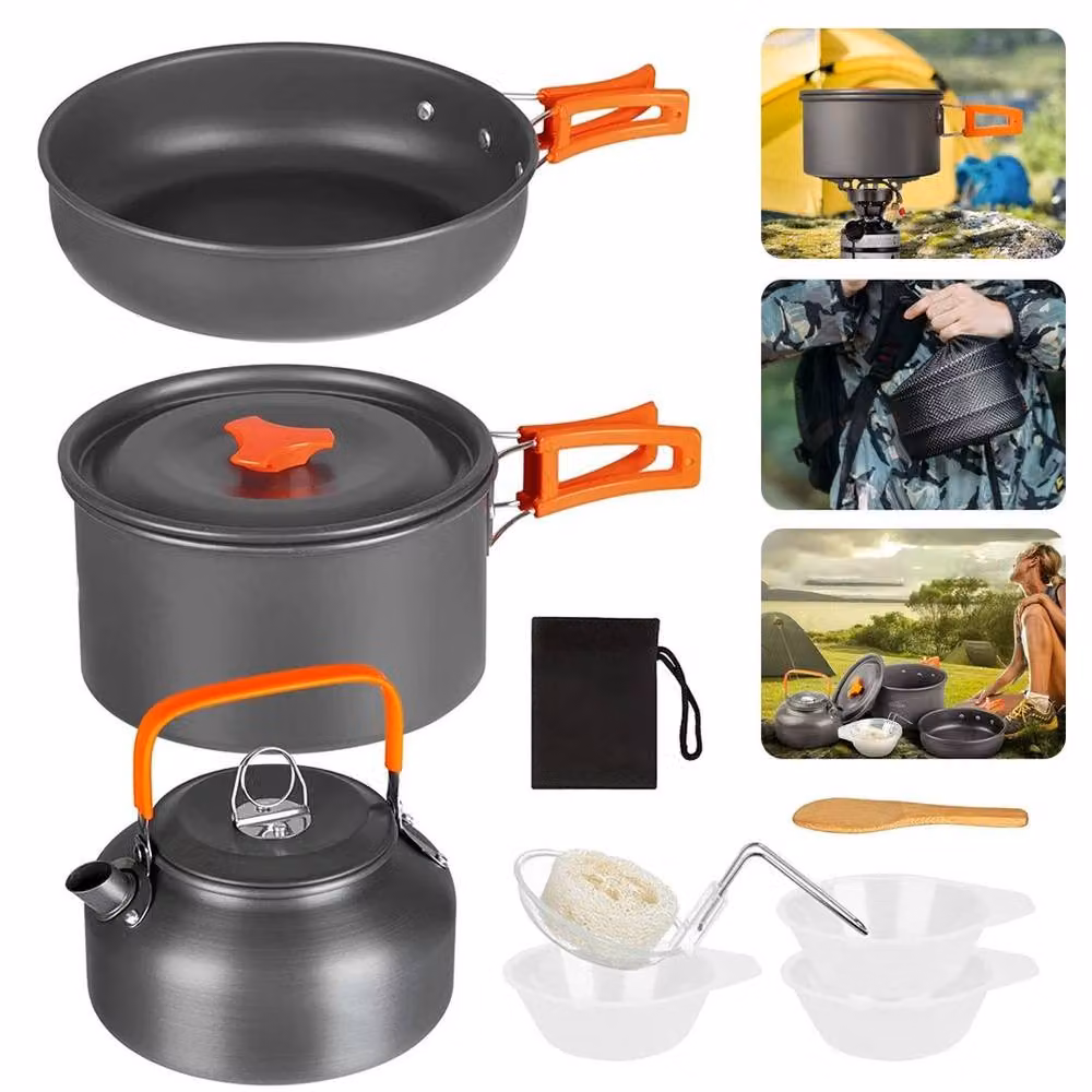 EONLION Grey Aluminium Camping Cookware Set with Stockpot and Frying Pan – 4