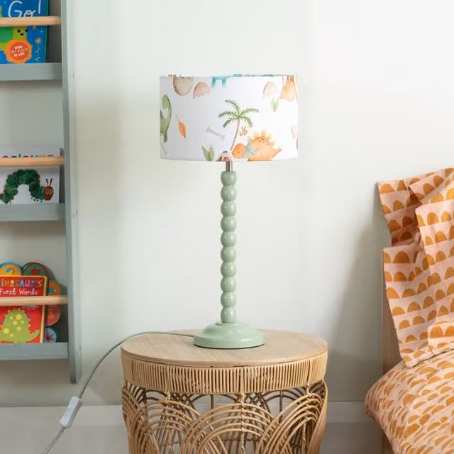 ValueLights Green Bobbin Stem Table Lamp with Wood Base and Fabric Drum Shade
